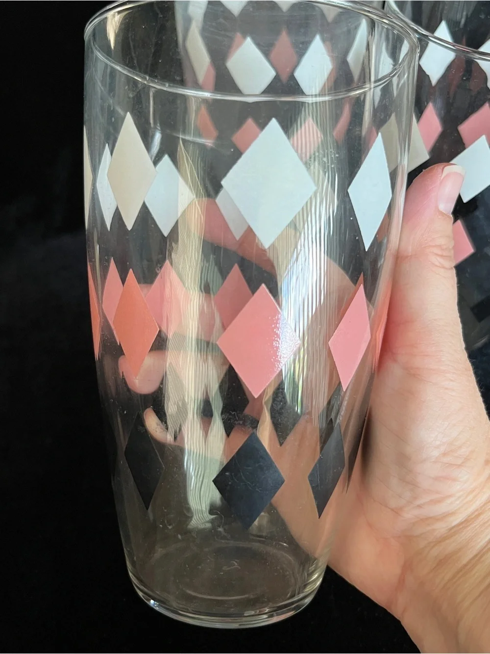 Libbey Glass Harlequin Pink Black White Diamond Pattern Atomic MCM 50s set of 3